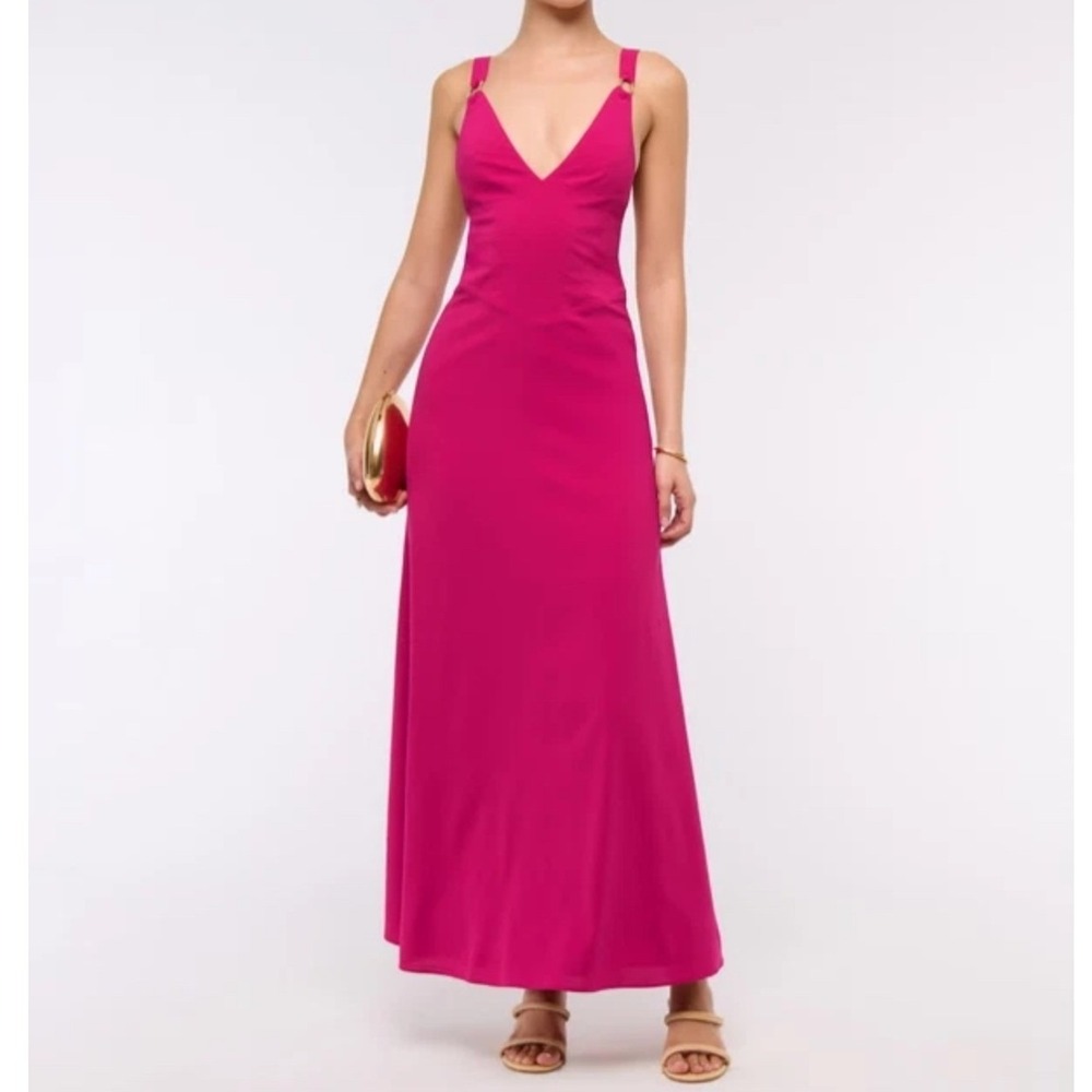 Abercrombie Fitch Dipped-Waist Hardware Maxi Dress Magenta Tie-Back Size XL